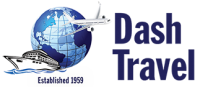 Dash Travel logo and globe and yacht.