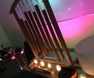 image of various chimes and lights used in Jan Kinder's Sound and Light healing event