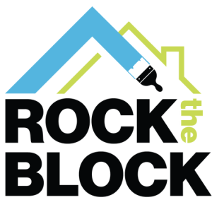 blu, green, and black logo for rock the block with a paintbrush and house roof top illustration.