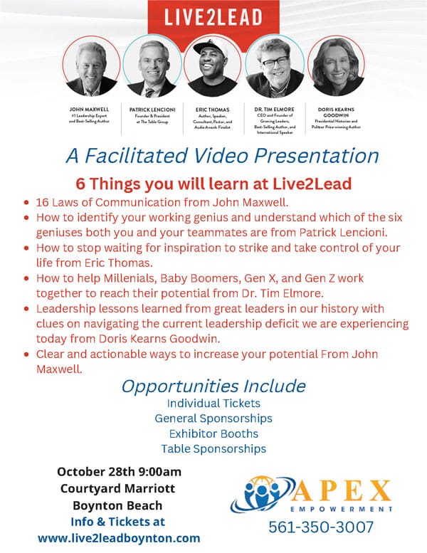 Event flyer for Live to Lead sponsored by Apex Empowerment October 28 in Boynton