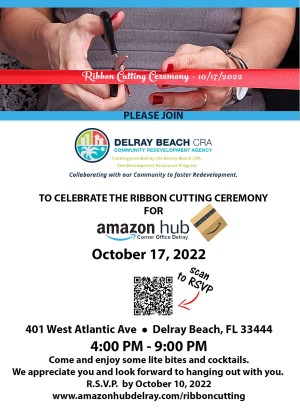 invitation to Amazon Hub ribbon cutting on October 17, 2022. With a person holding black scissors and cutting a red ribbon.